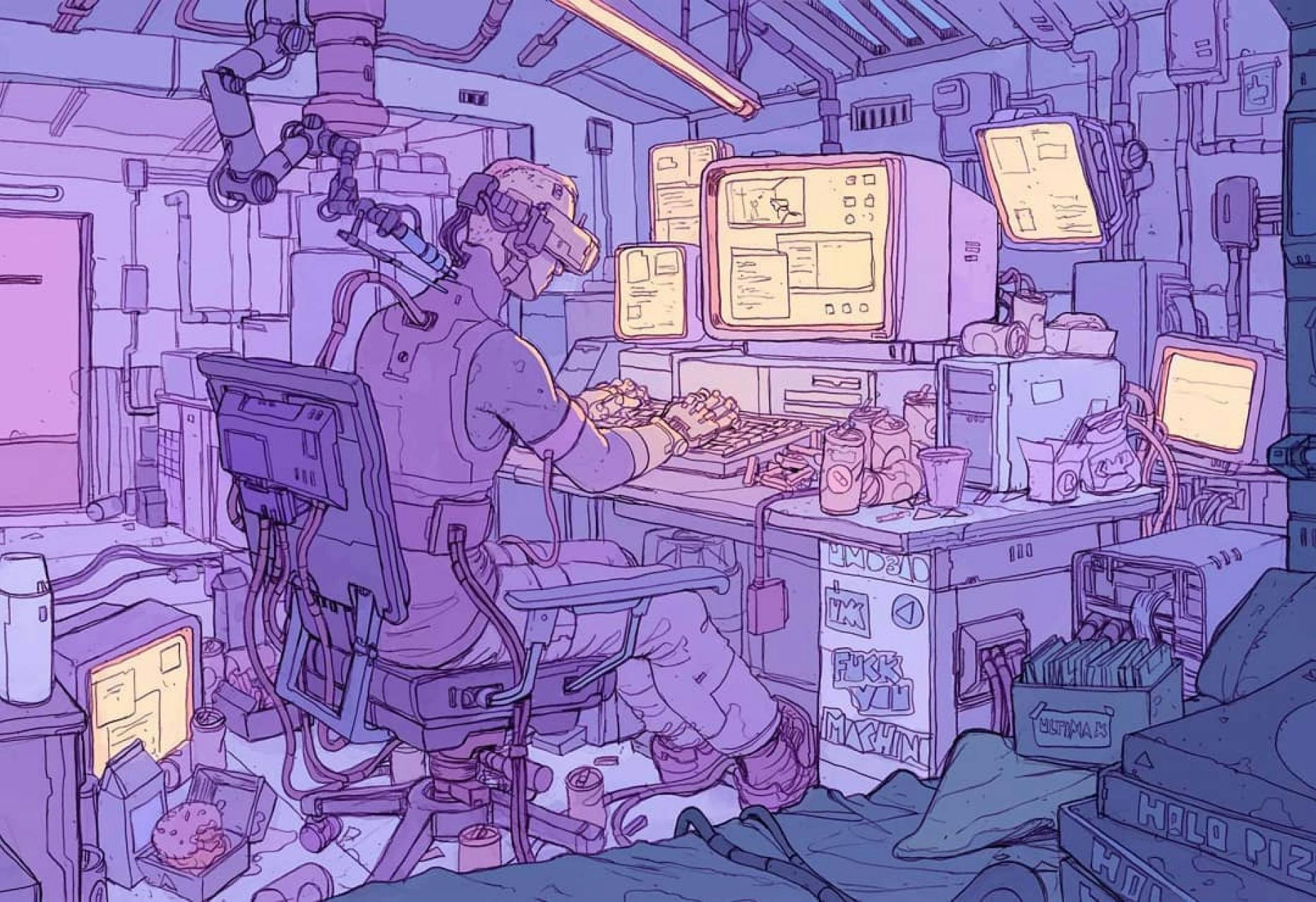 person working on computer in a dystopian setting