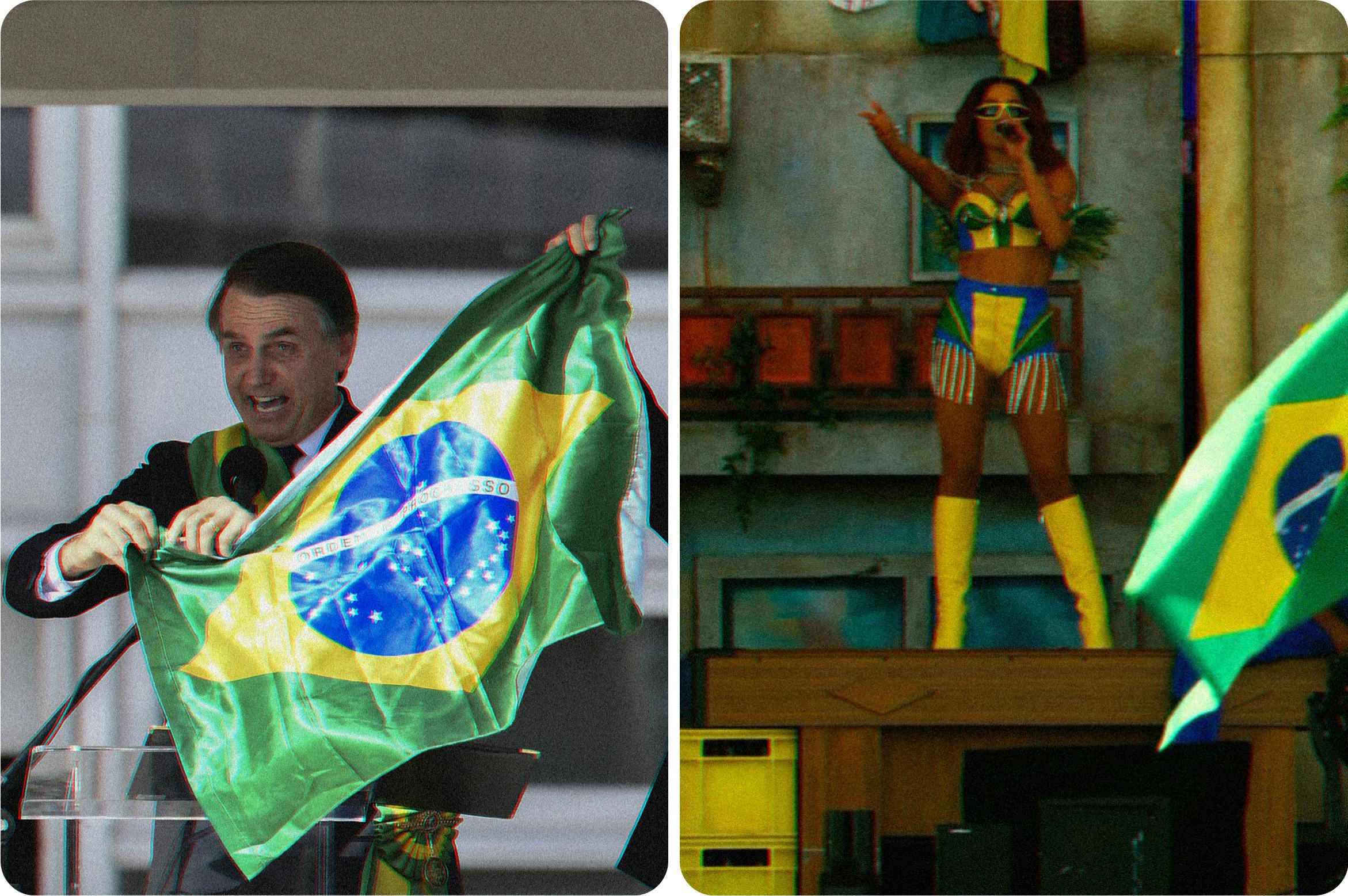 president bolsonaro waving the brazilian flag and singer anitta wearing the brazilian flag colors