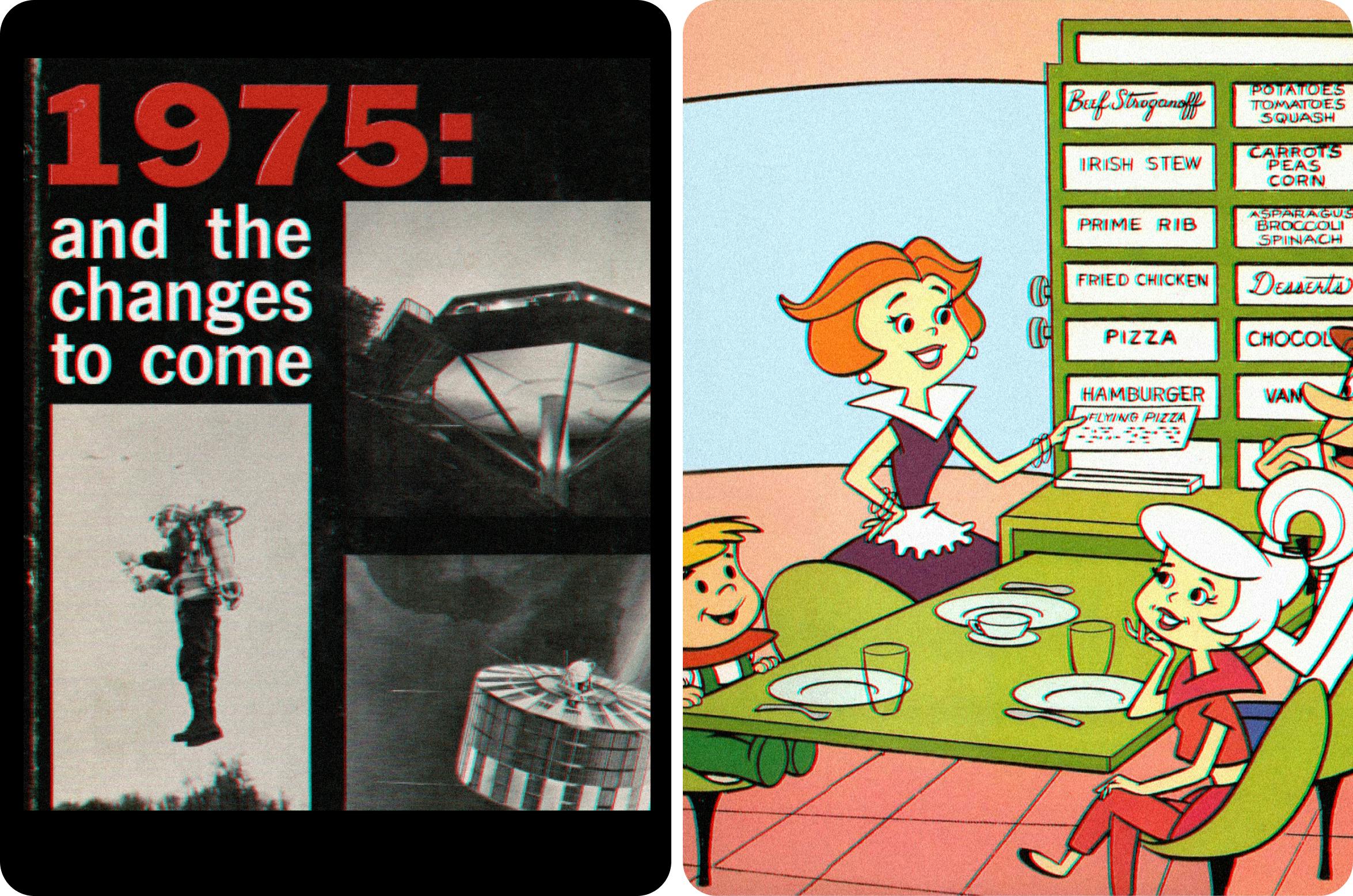 cover from book 1975 and still from tv show jetsons