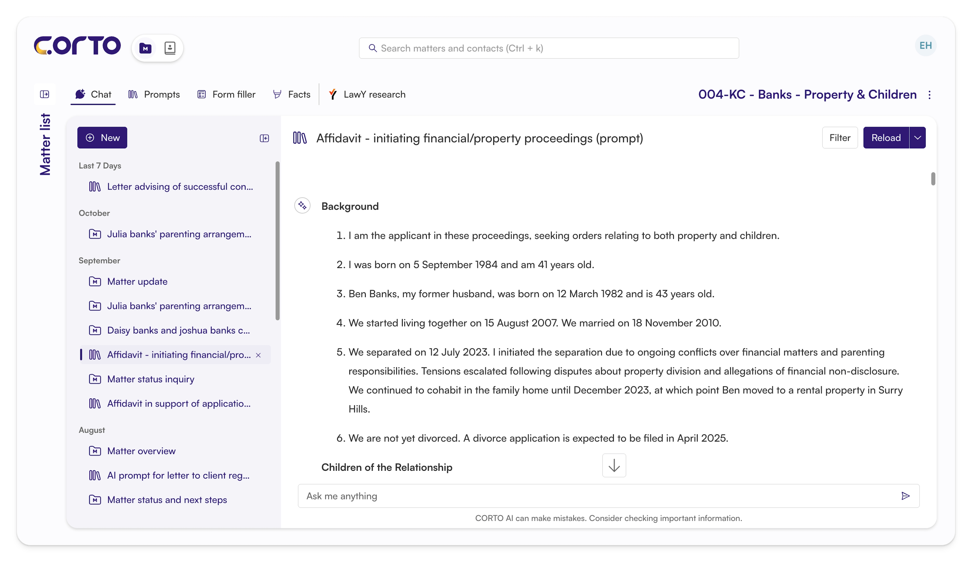 Affidavit initiating financial-property proceedings