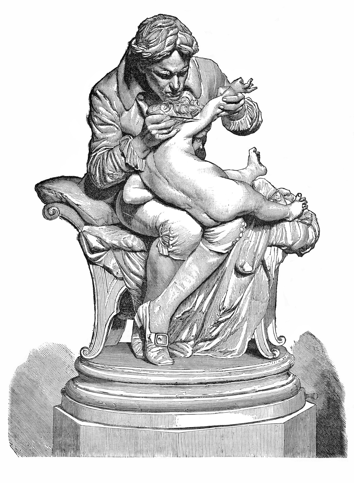 Ein Kupferstich zeigt Edward Jenner, wie er ein Kind impft.