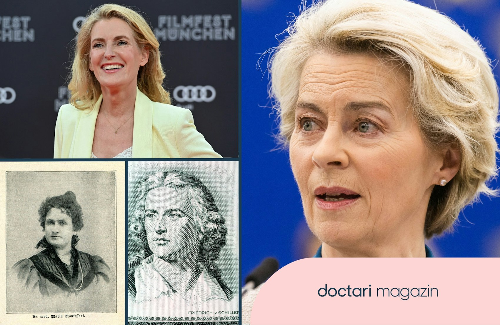 Eine Collage zeigt Porträts von Ursula von der Leyen, Maria Furtwängler, Friedrich Schiller und Maria Montessori