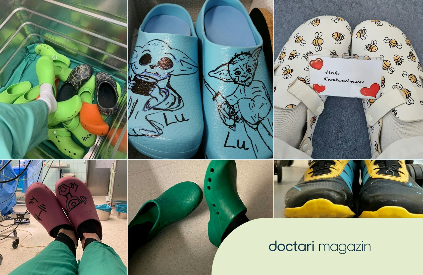 Eine Foto-Kollage zeigt sechs Paar Arbeitsschuhe von Pflegepersonal