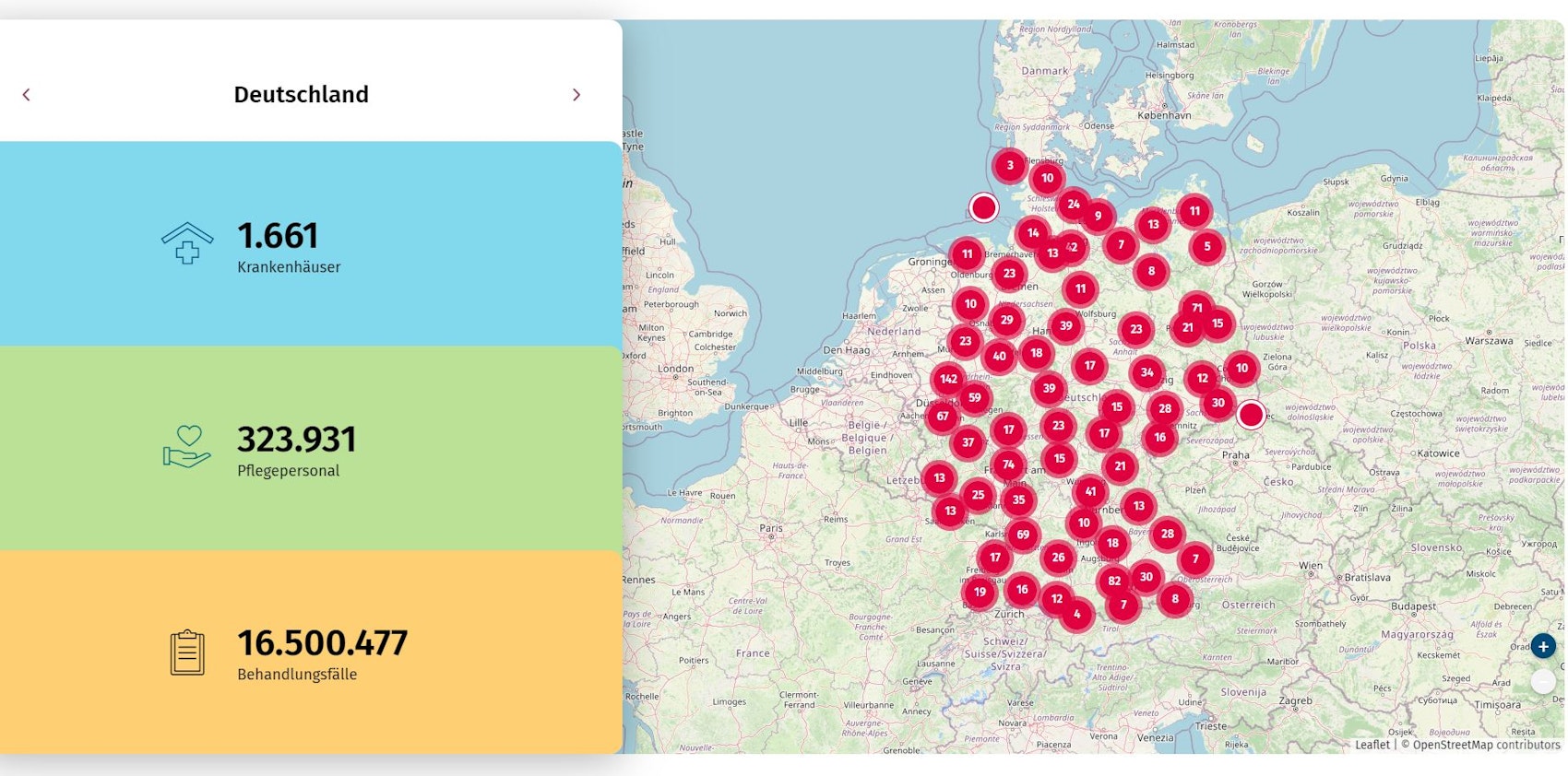 Ein Screenshot des Bundes-Klinik-Atlas zeigt viele rote Punkte auf einer Deutschlandkarte.