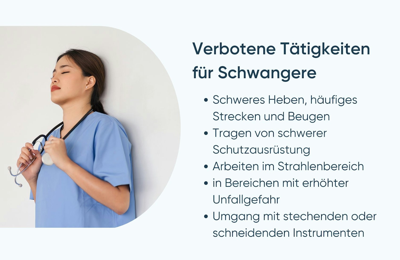 Krankenschwester lehnt sich gegen eine Wand. Daneben stehen verbotene Tätigkeiten für Schwangere in der Pflege.