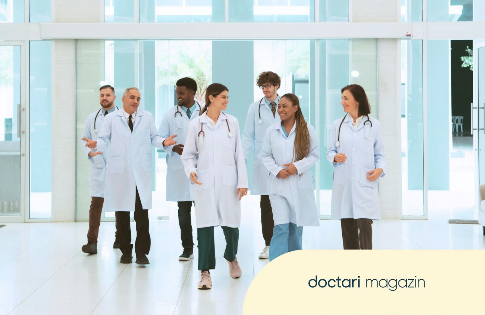 Sieben Ärzte laufen in einer Gruppe gemeinsam in eine Klinik