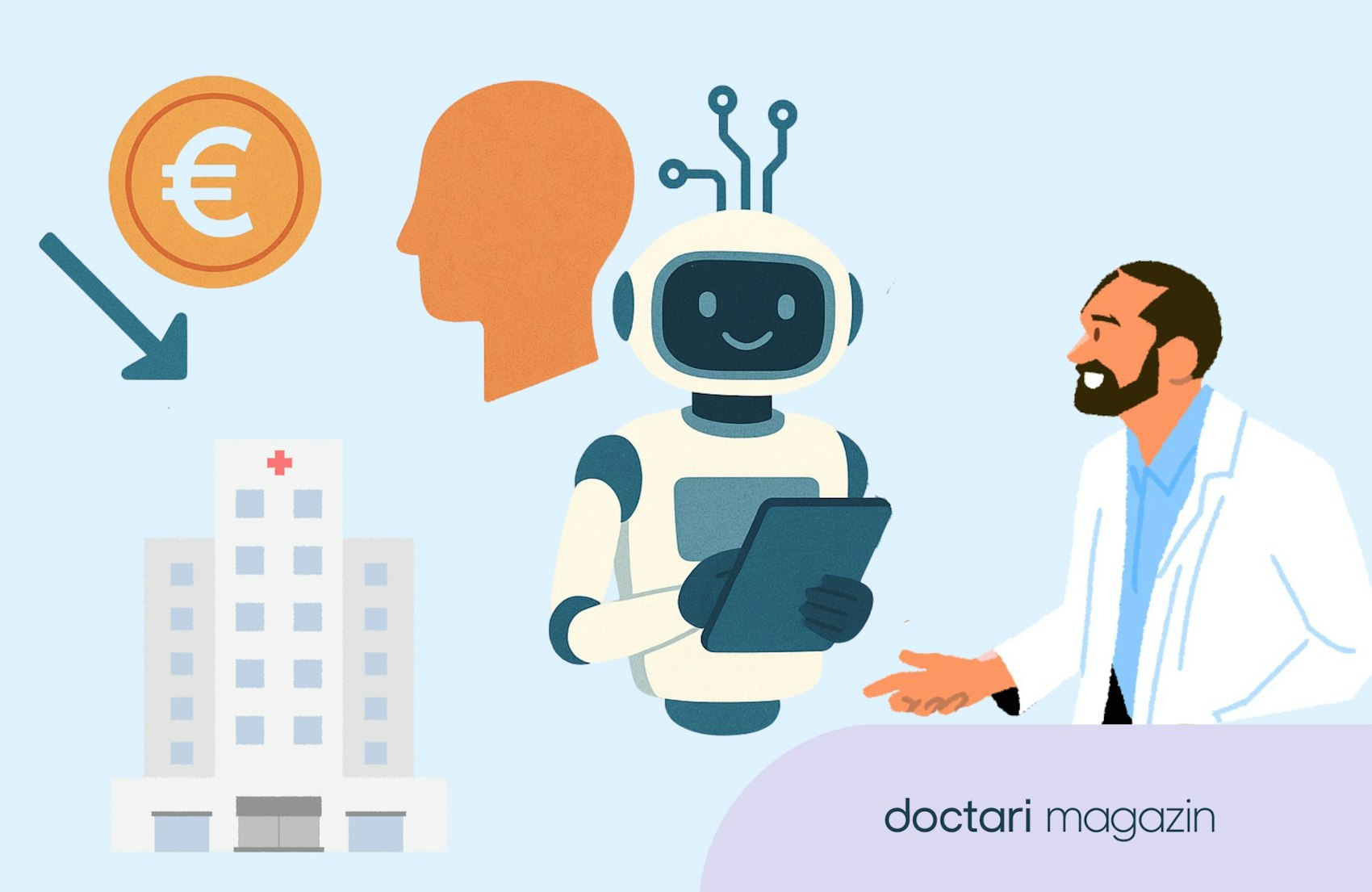 Eine Grafik zeigt ein Krankenhaus, einen Arzt und einen Roboter