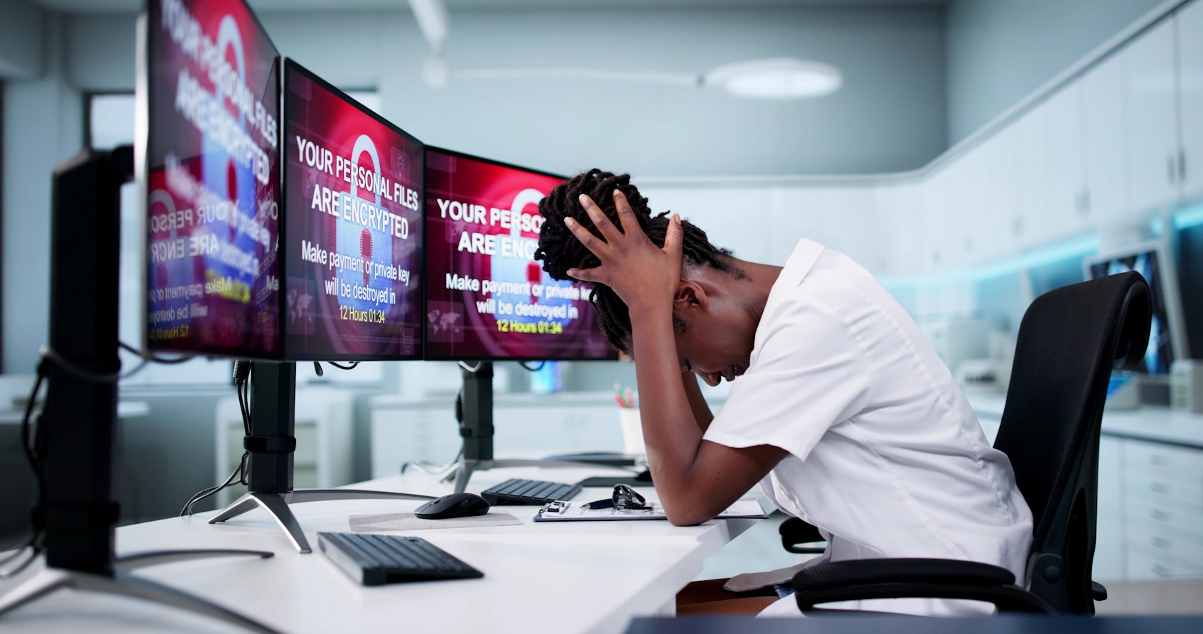 Eine Ärztin rauft sich die Haare, der Bildschirm zeigt einen Cyberangriff
