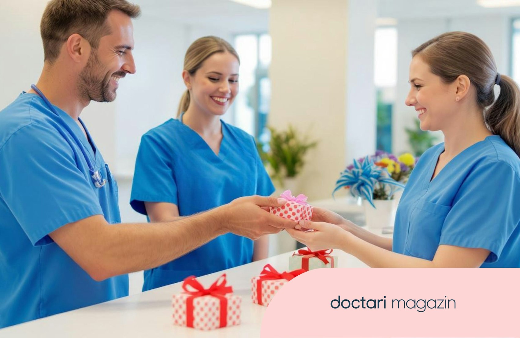 Drei Fachkräfte geben sich gegenseitig lächelnd ein Geschenk