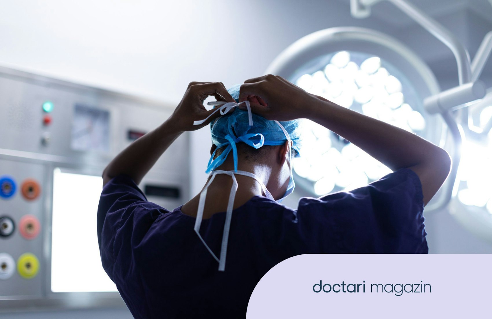 Anästhesistin bindet sich den Mundschutz um