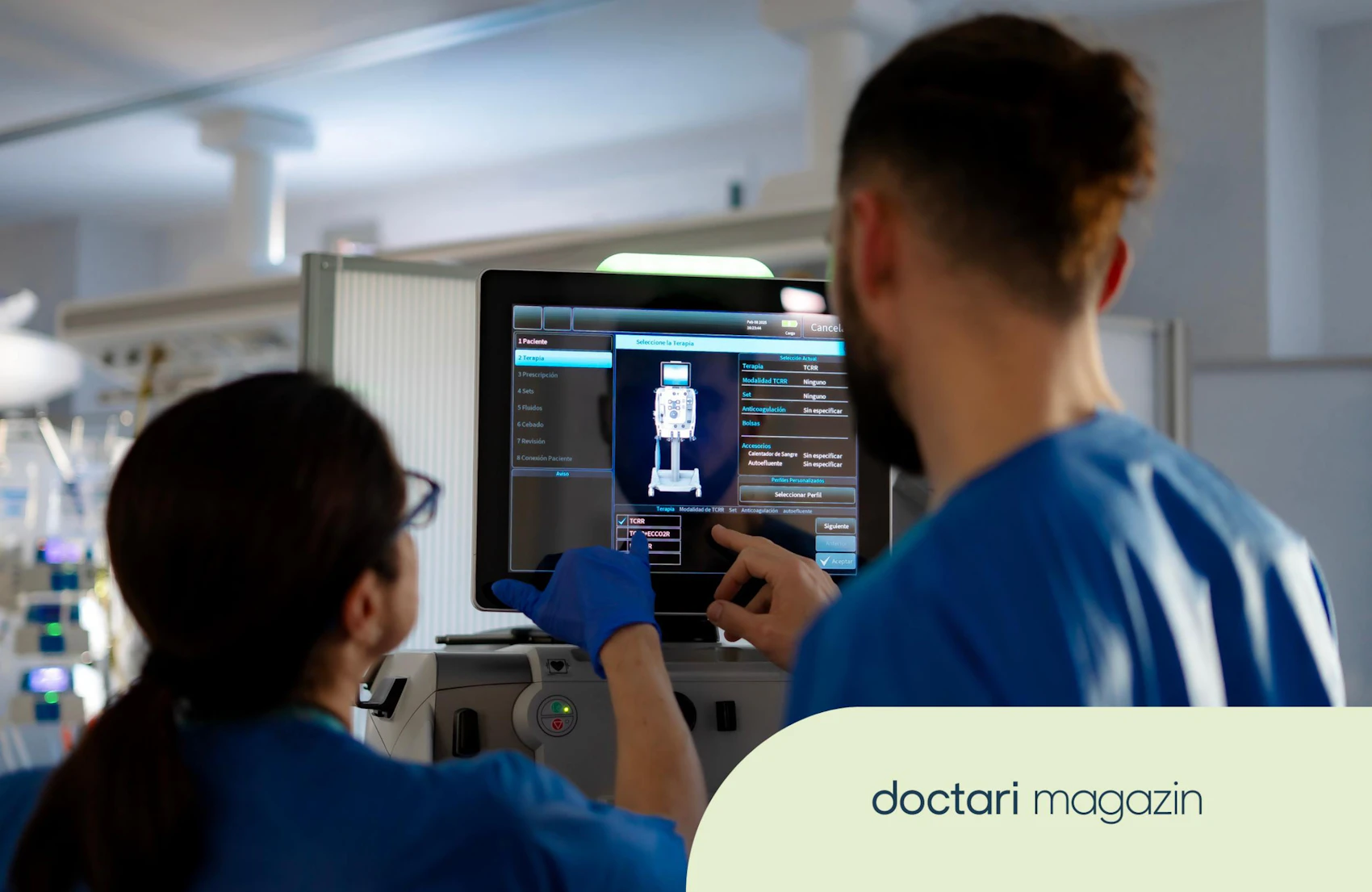 Zwei Fachkräfte für Dialyse stellen einen Monitor korrekt ein