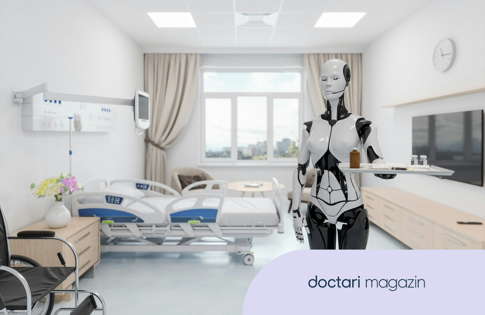 Ein Pflegeroboter mit Tablet steht in einem Krankenhauszimmer