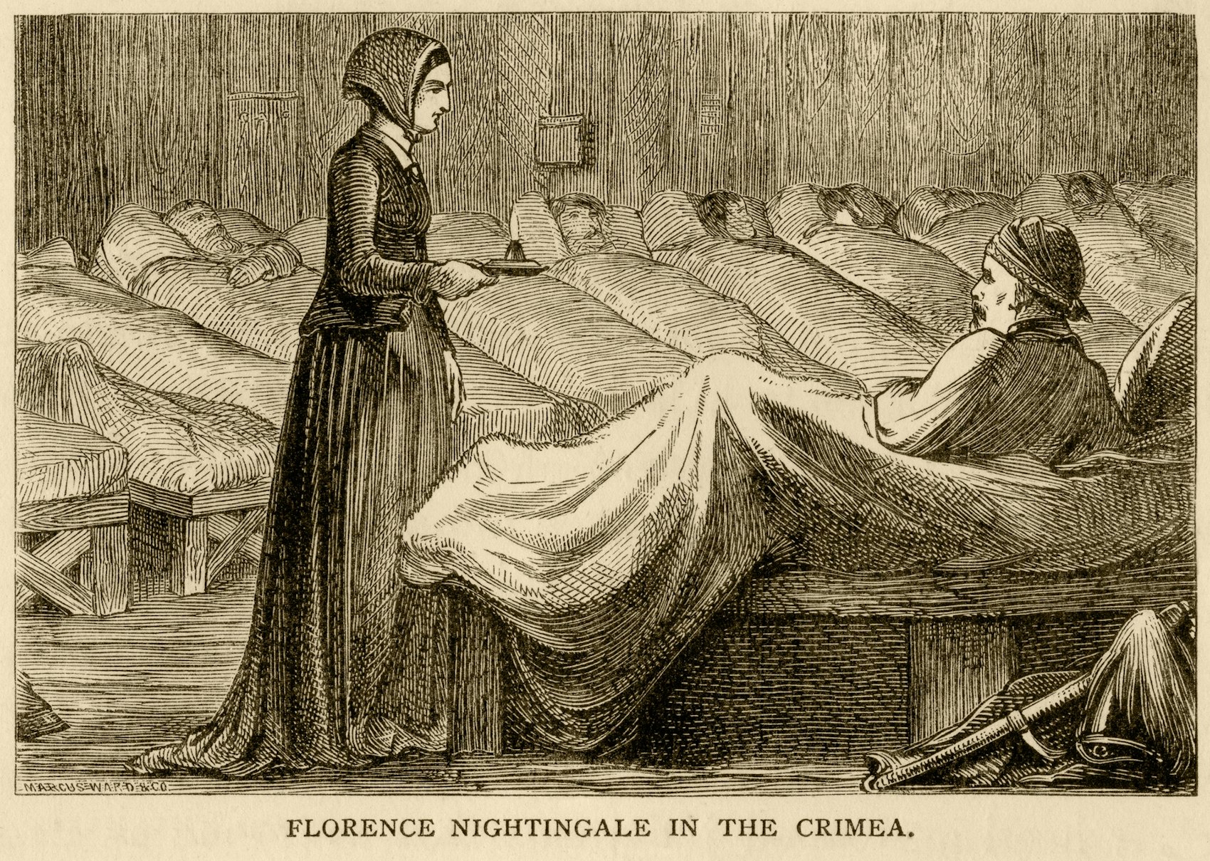 Florence Nightingale besucht einen kranken Mann in einem vollen Krankensaal