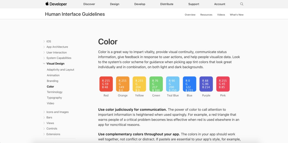 Screenshot of Apple Human Interface Guidelines — Color