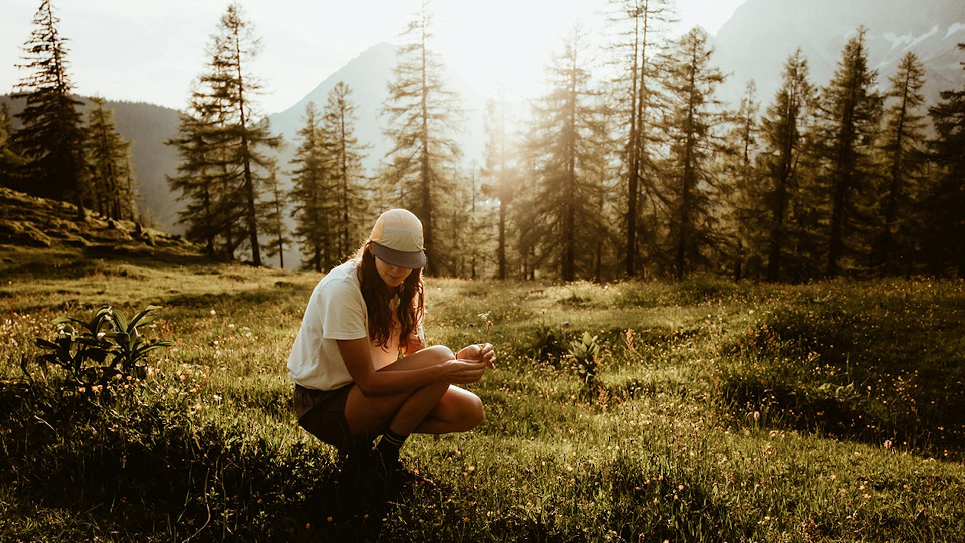 Foto ragazza nel bosco in Dolomiti raccoglie fiori sul prato