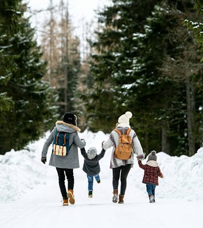 Passeggiata in famiglia in paesaggio invernale