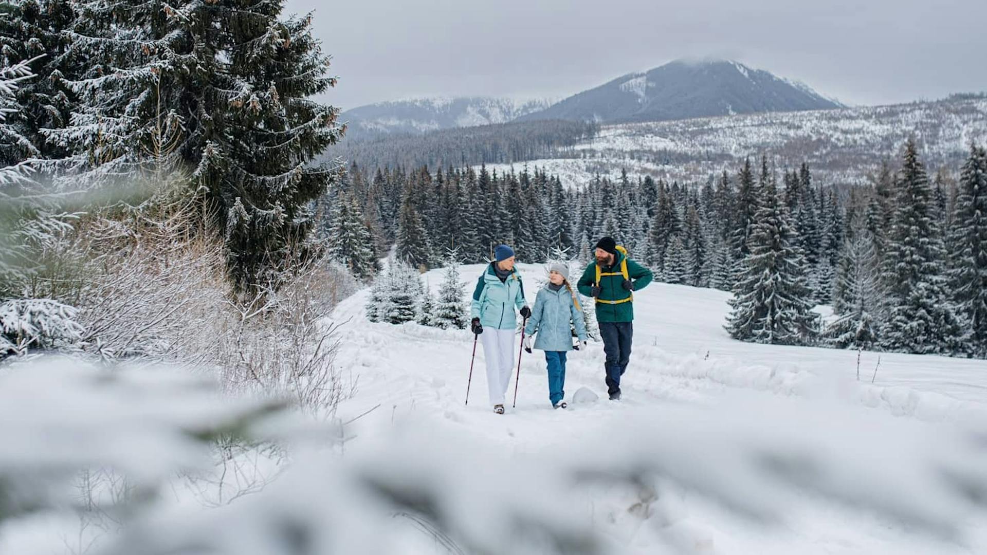 Famiglia che fa una passeggiata in paesaggio invernale