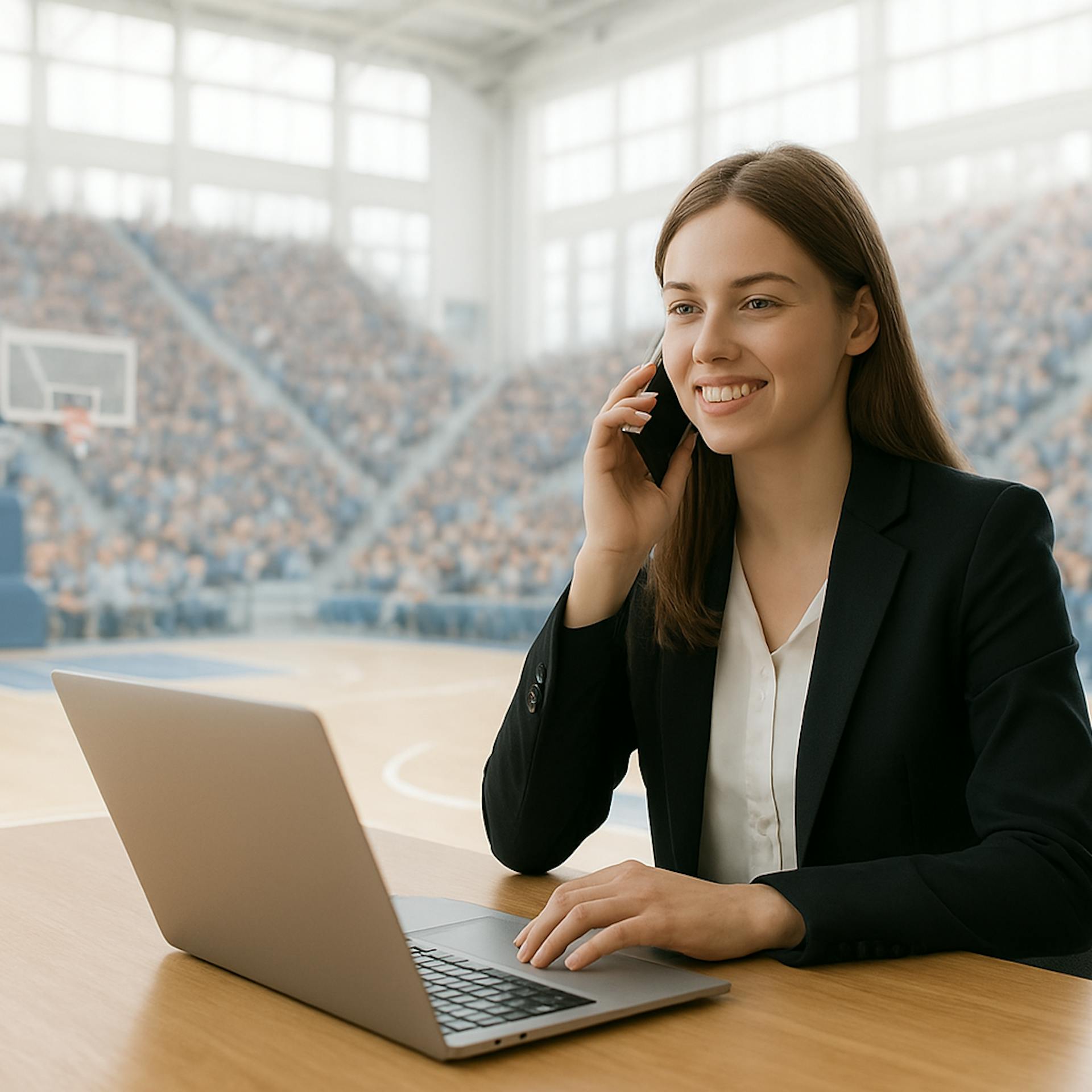 Support medewerker achter de laptop in een basketbal arena