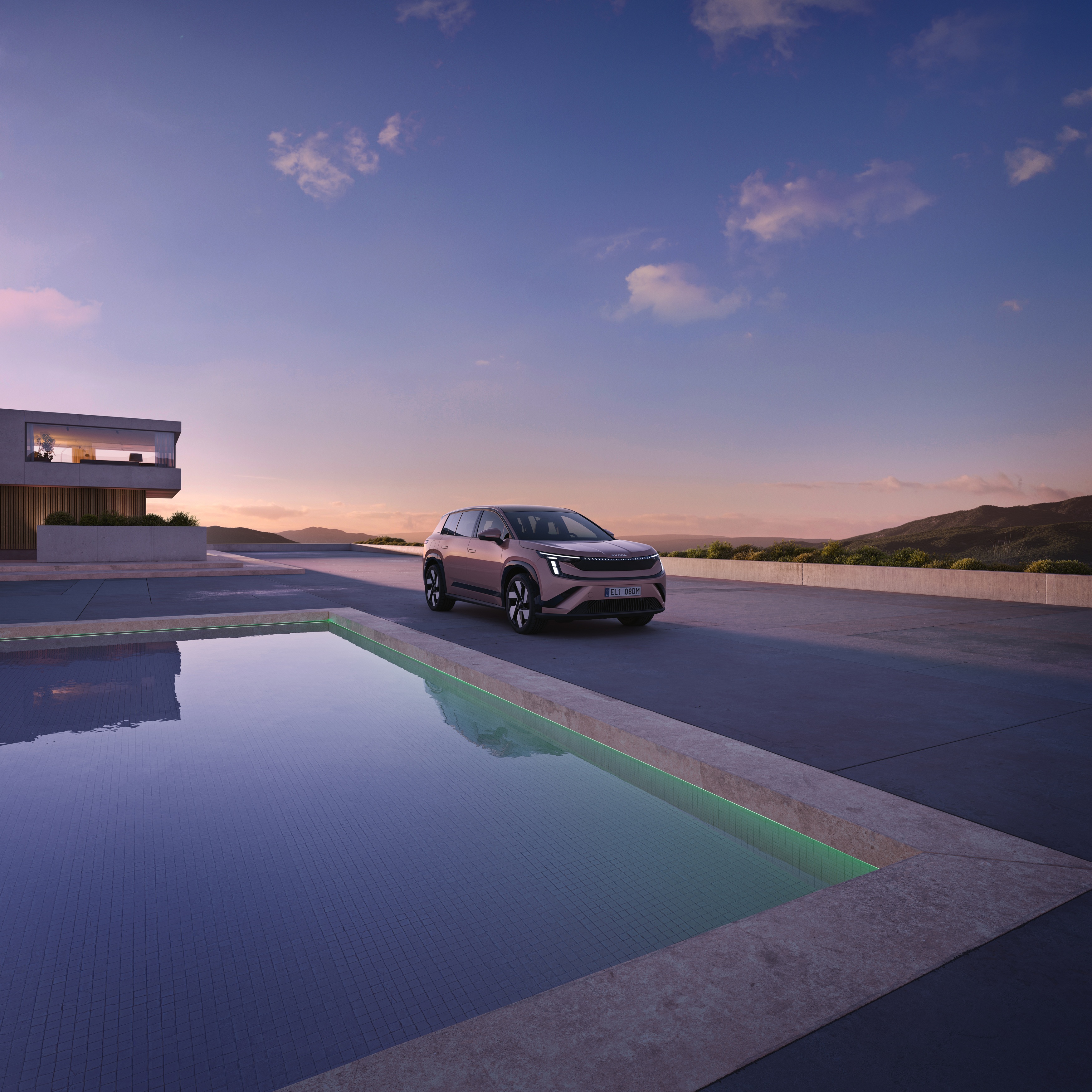 Škoda Peaq seven-seat electric SUV, exterior view showing panoramic roof and flush door handles