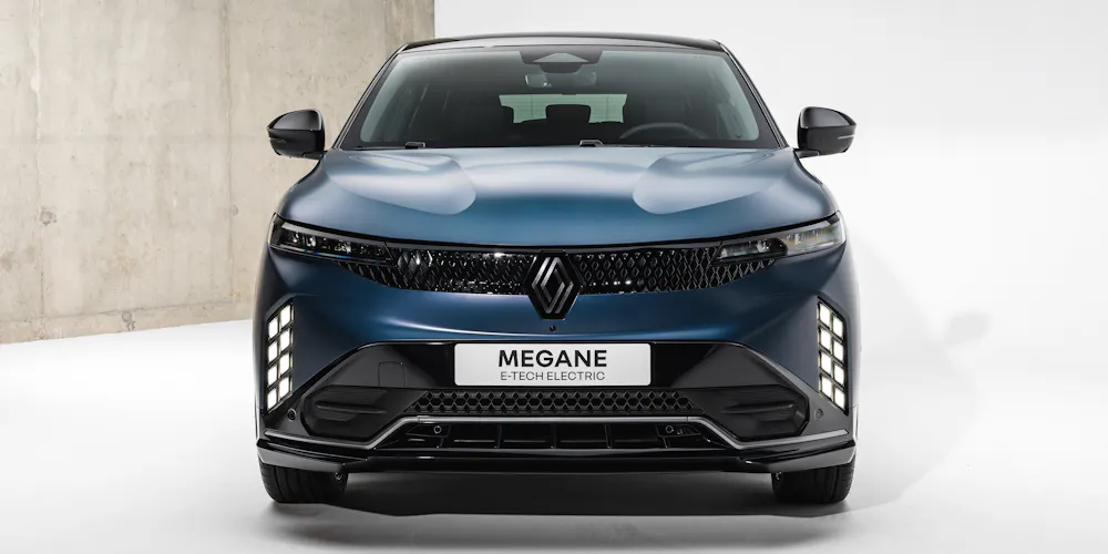 Updated Renault Megane E-Tech electric showing its redesigned front end with new lighting signature and grille