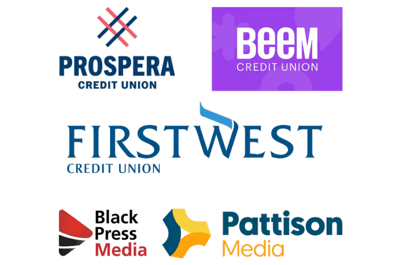 Prospera Credit Union, Beem Credit Union, First West Credit Union, Black Press Media, Pattison Media