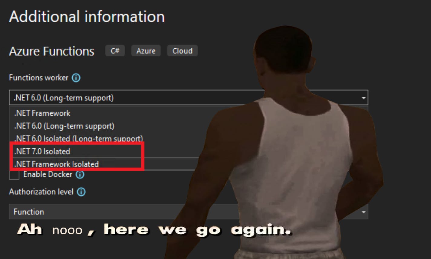 Visual Studio screen for Azure functions with Franklin from GTA quoting "Ah nooo, here we go again"