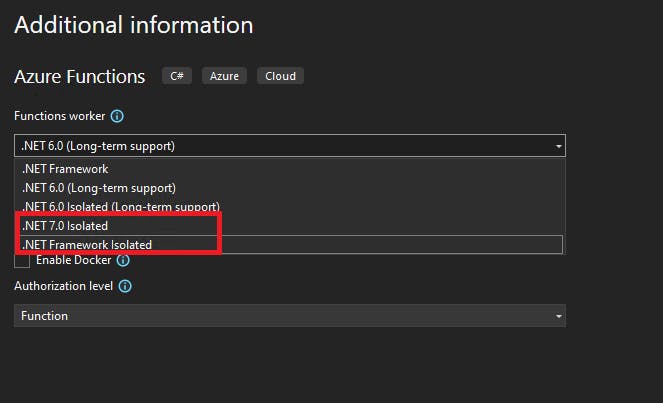 Visual Studio Azure Functions dialog box with .NET 7.0 Isolated highlighted