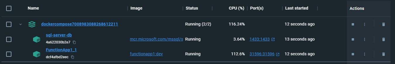 SQL Server and Function App in Stacked Container