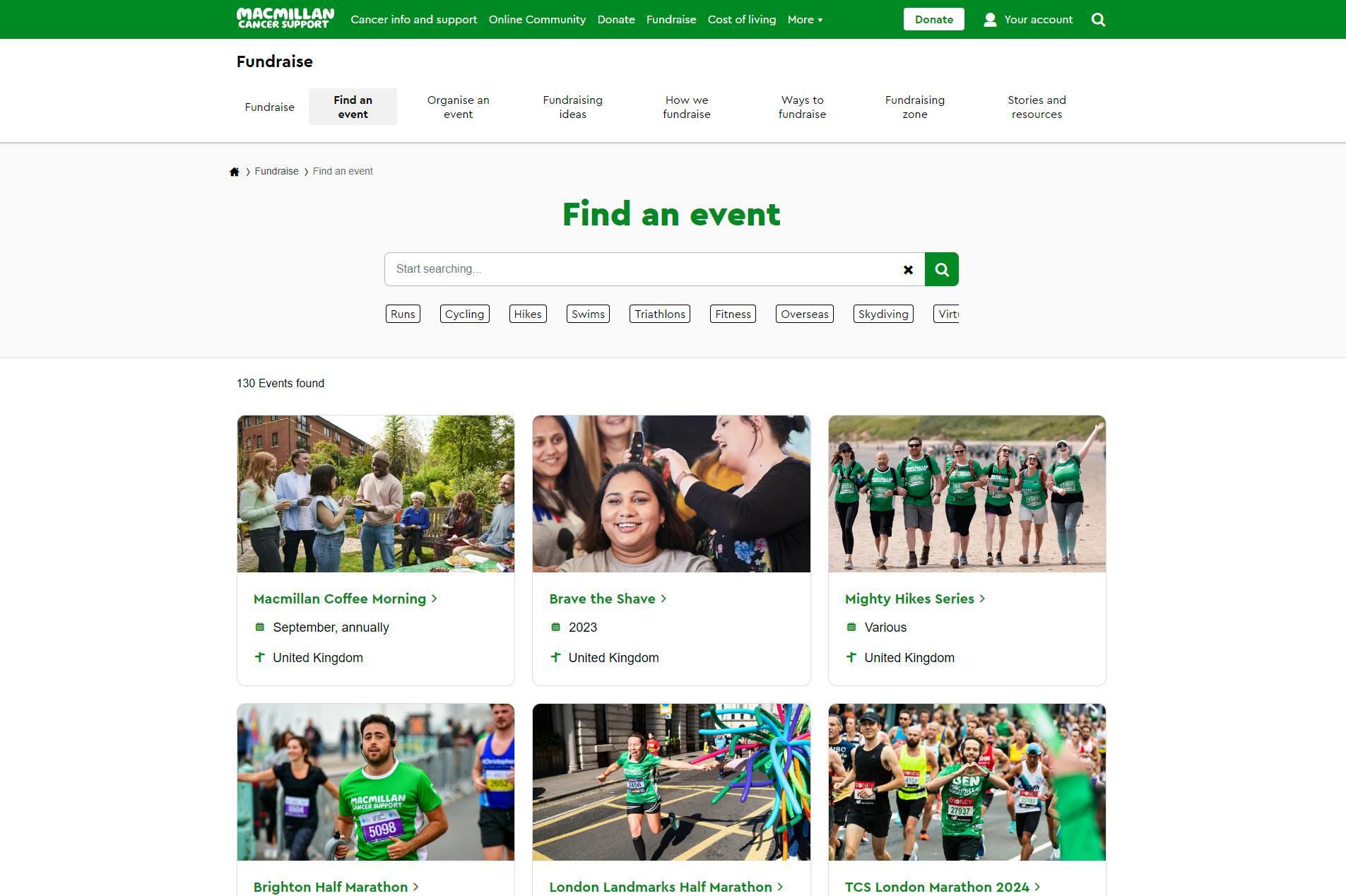 Fundraising events on Macmillan Website