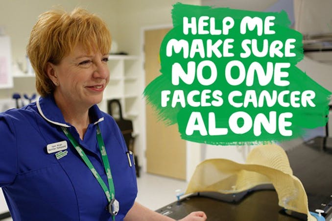 Macmillan Nurse with caption "help me make sure no one faces cancer alone"