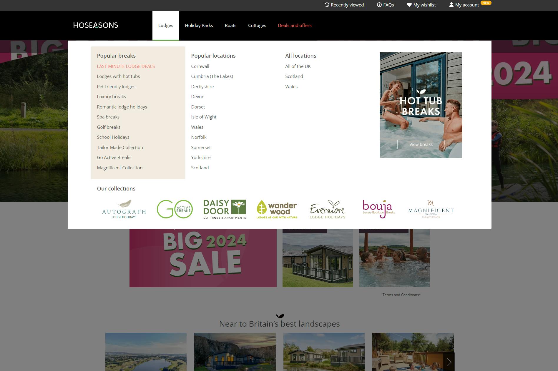 Hoseasons home page with lodges menu open