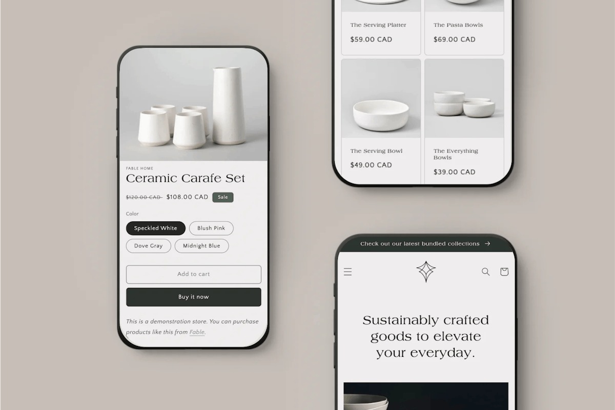 Shopify storefront on mobile device shown in 3 parts