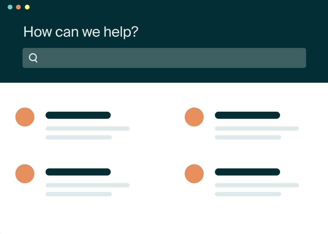 Illustration of a help center search page with a search bar labeled “How can we help?” and a list of results below.