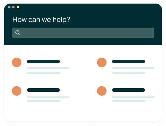 Ilustración de una página del centro de ayuda con una barra de búsqueda titulada “¿Cómo podemos ayudar?” y una lista de resultados debajo.