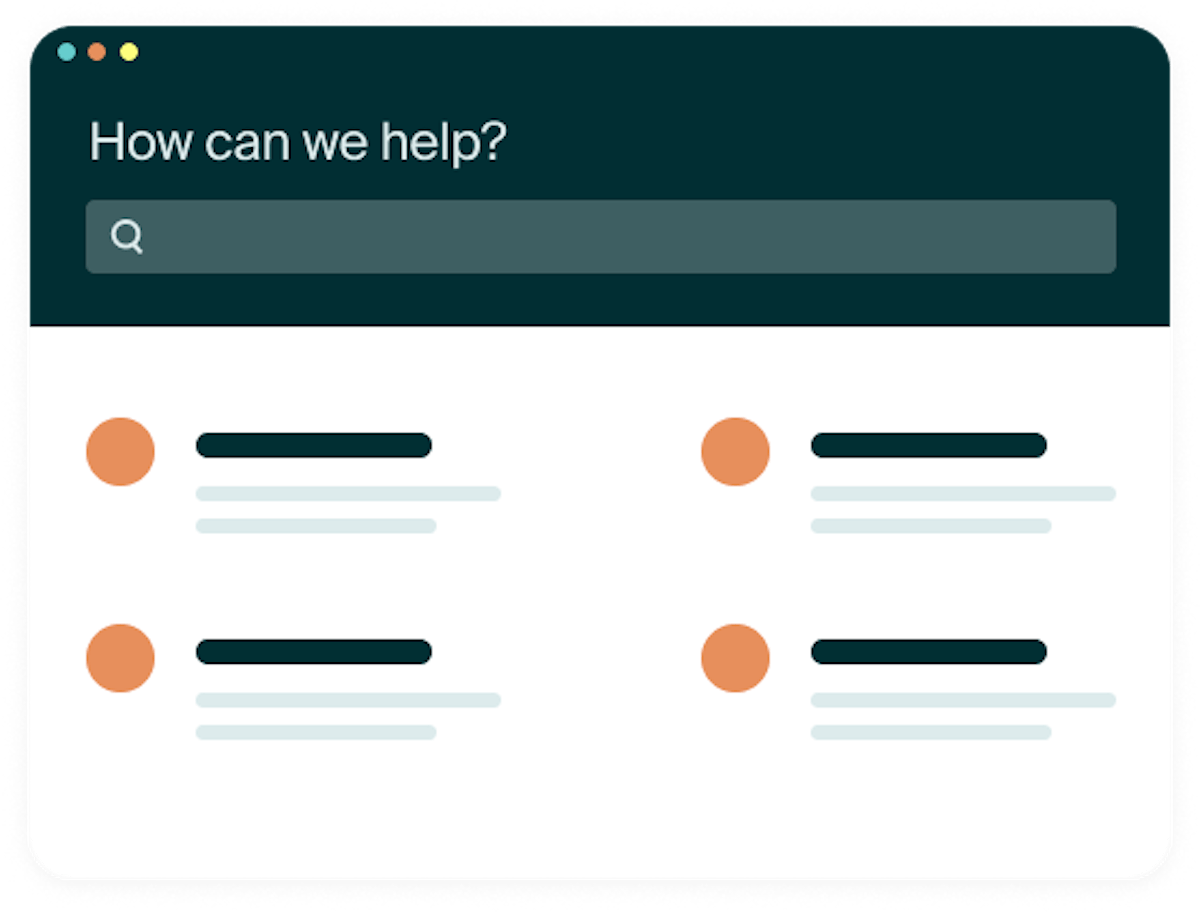 Ilustración de una página del centro de ayuda con una barra de búsqueda titulada “¿Cómo podemos ayudar?” y una lista de resultados debajo.