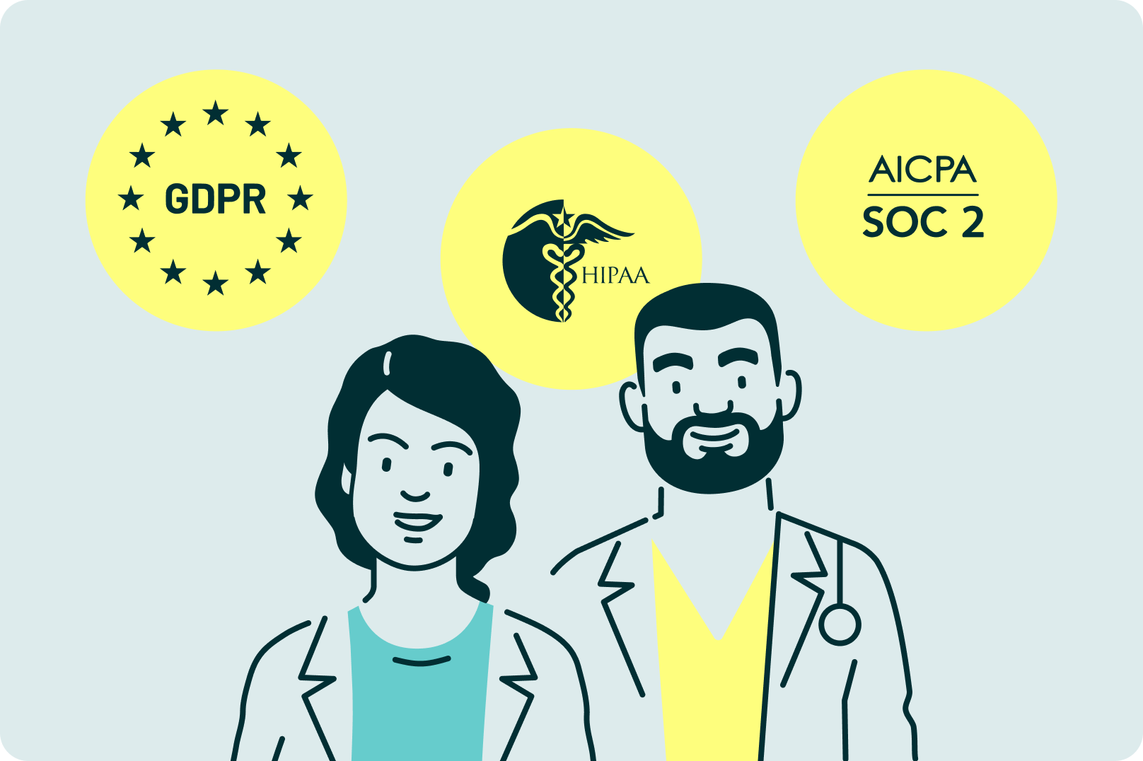 Illustration of a nurse and doctor beneath GDPR, HIPAA and AICPA SOC 2 logos