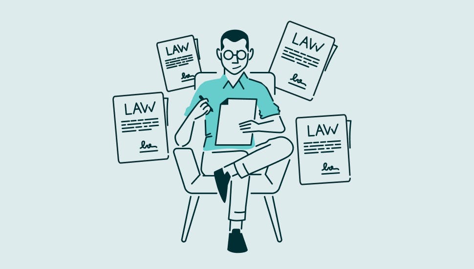 Illustration of a man sitting on a chair filling out a form with legal documents around him.