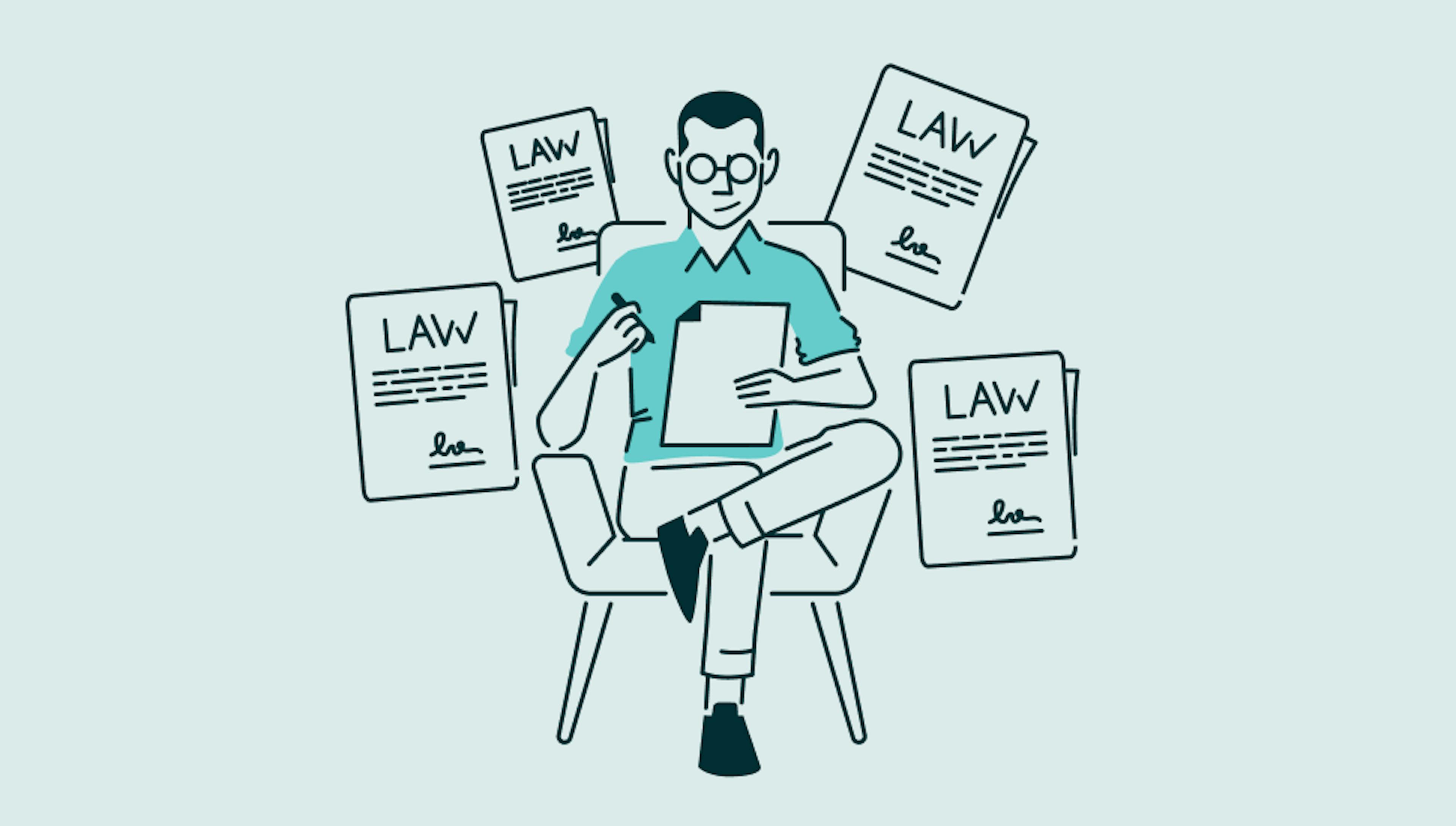 Illustration of a man sitting on a chair filling out a form with legal documents around him. 