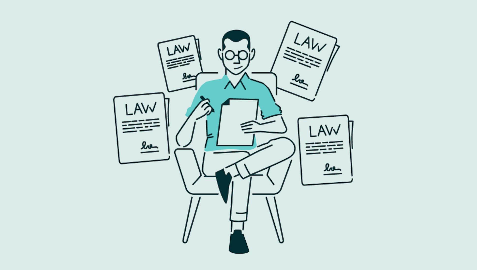 Illustration of a man sitting on a chair filling out a form with legal documents around him. 