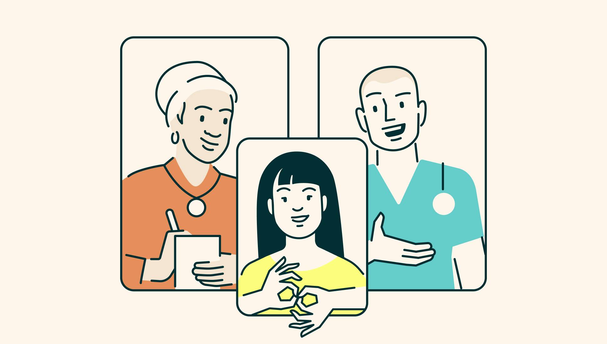 Illustration of an ASL interpreter translating in real-time during a virtual medical appointment using doxy.me