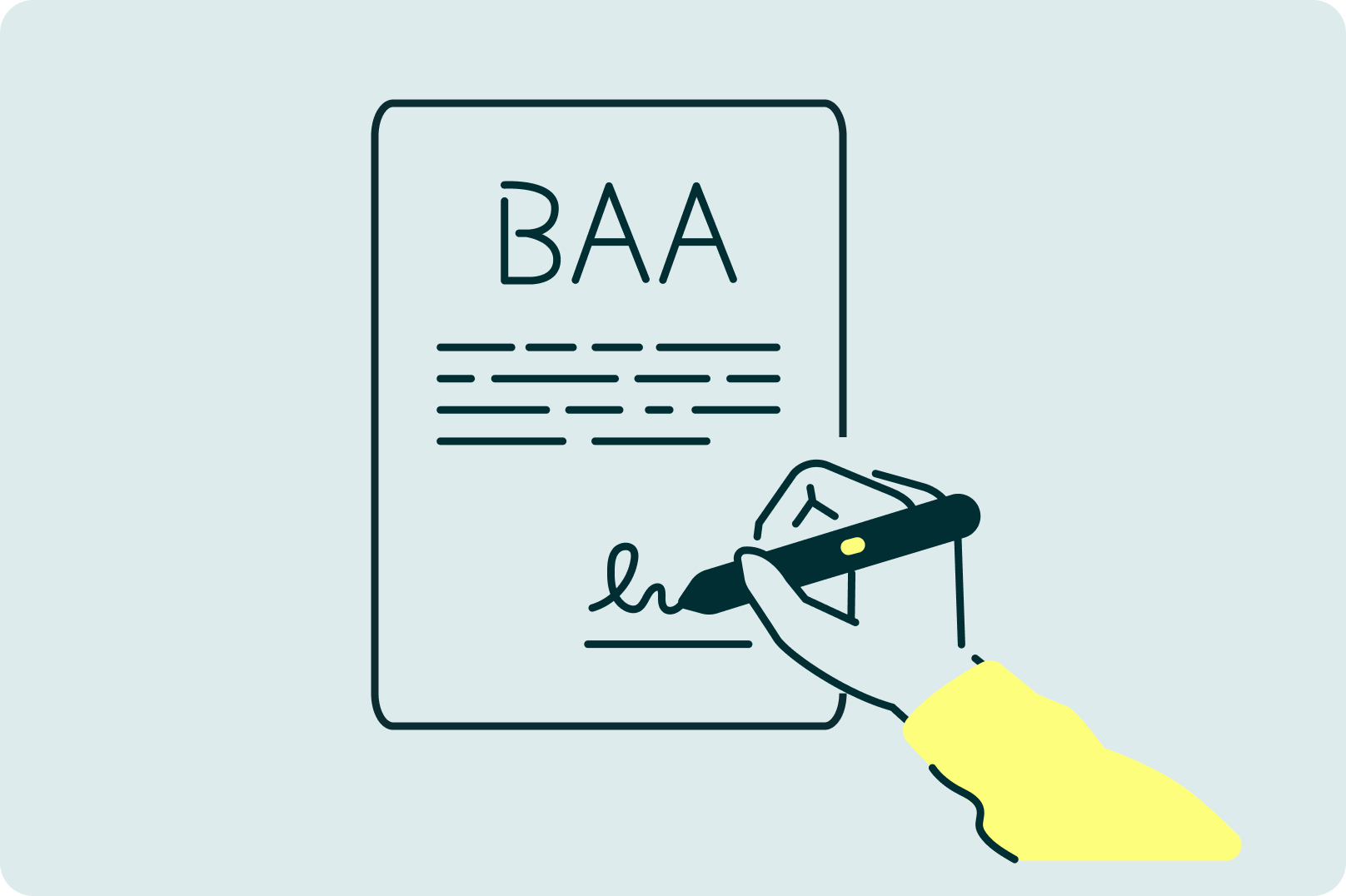 Illustration of a hand signing a document labeled “BAA.”