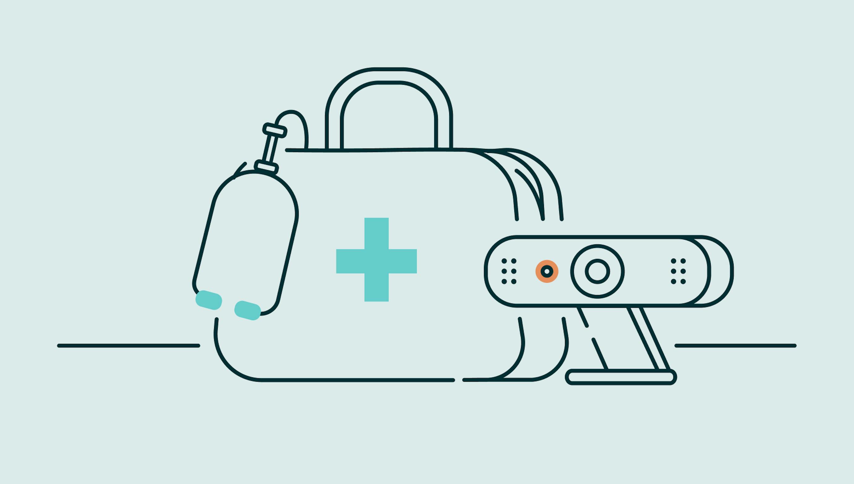 Illustration for the end of public health emergency showing a webcam and a medical bag