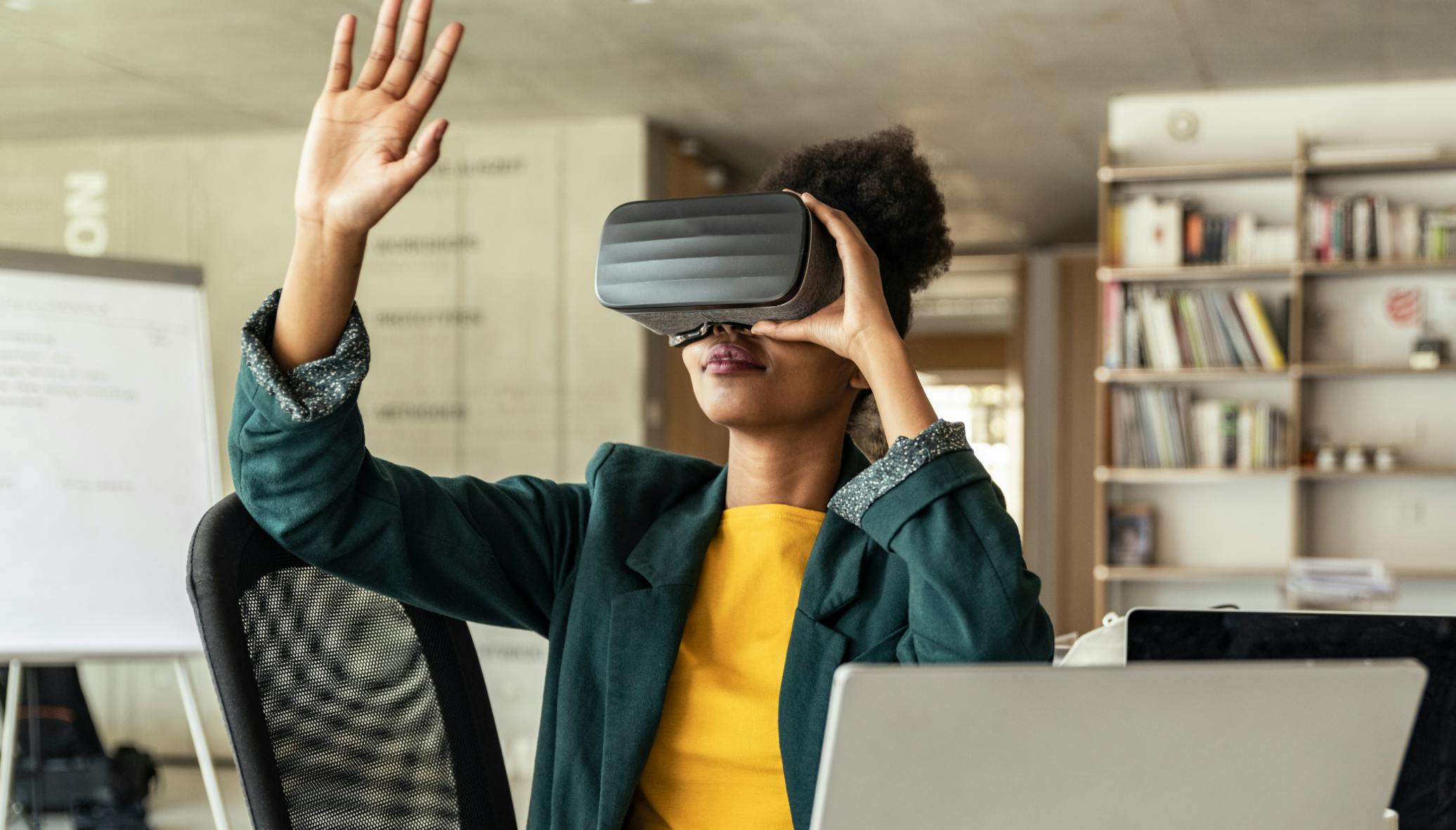 Woman experiencing a telemedicine session in virtual reality