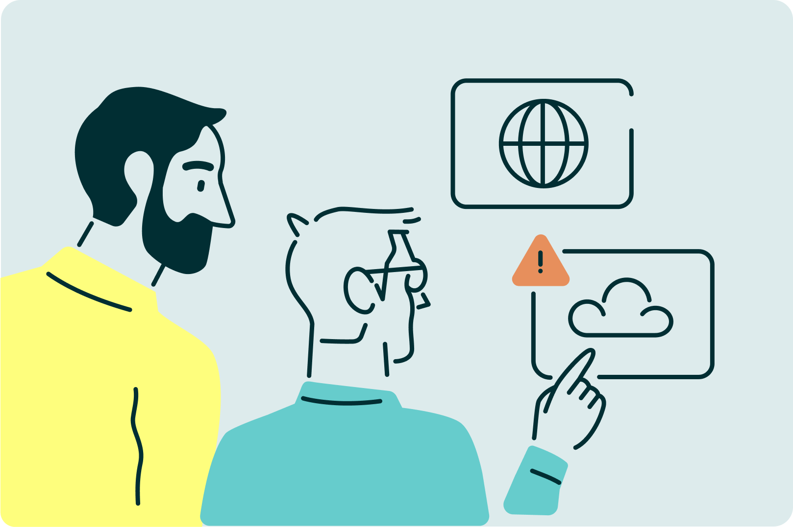 Illustration of two people looking at warning icons related to internet and cloud connections.