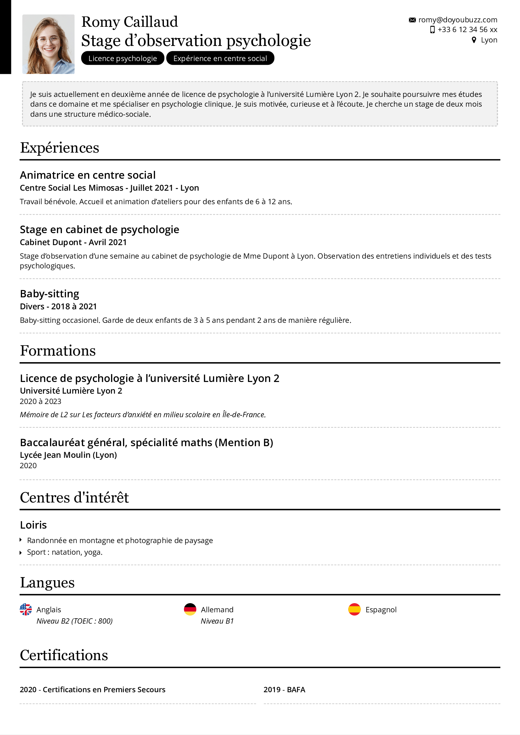 CV étudiant, CV stage