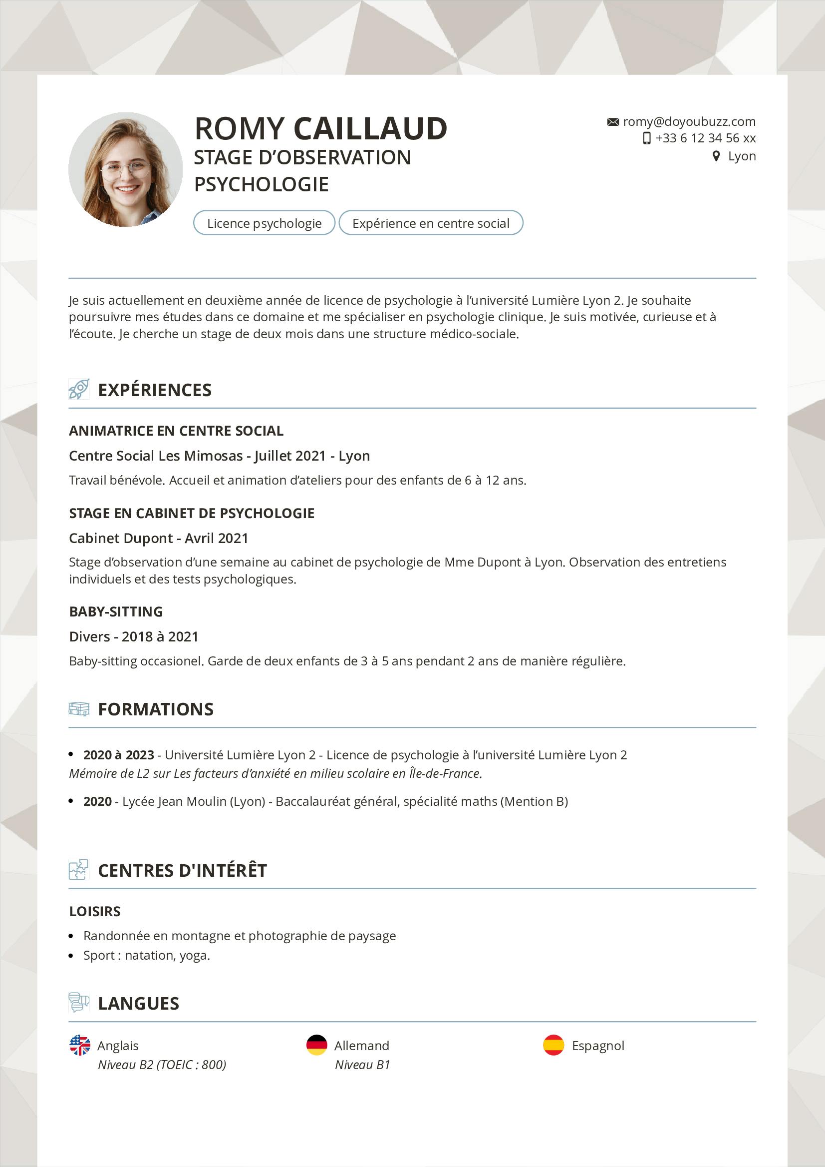 Exemple de CV étudiant, CV stage