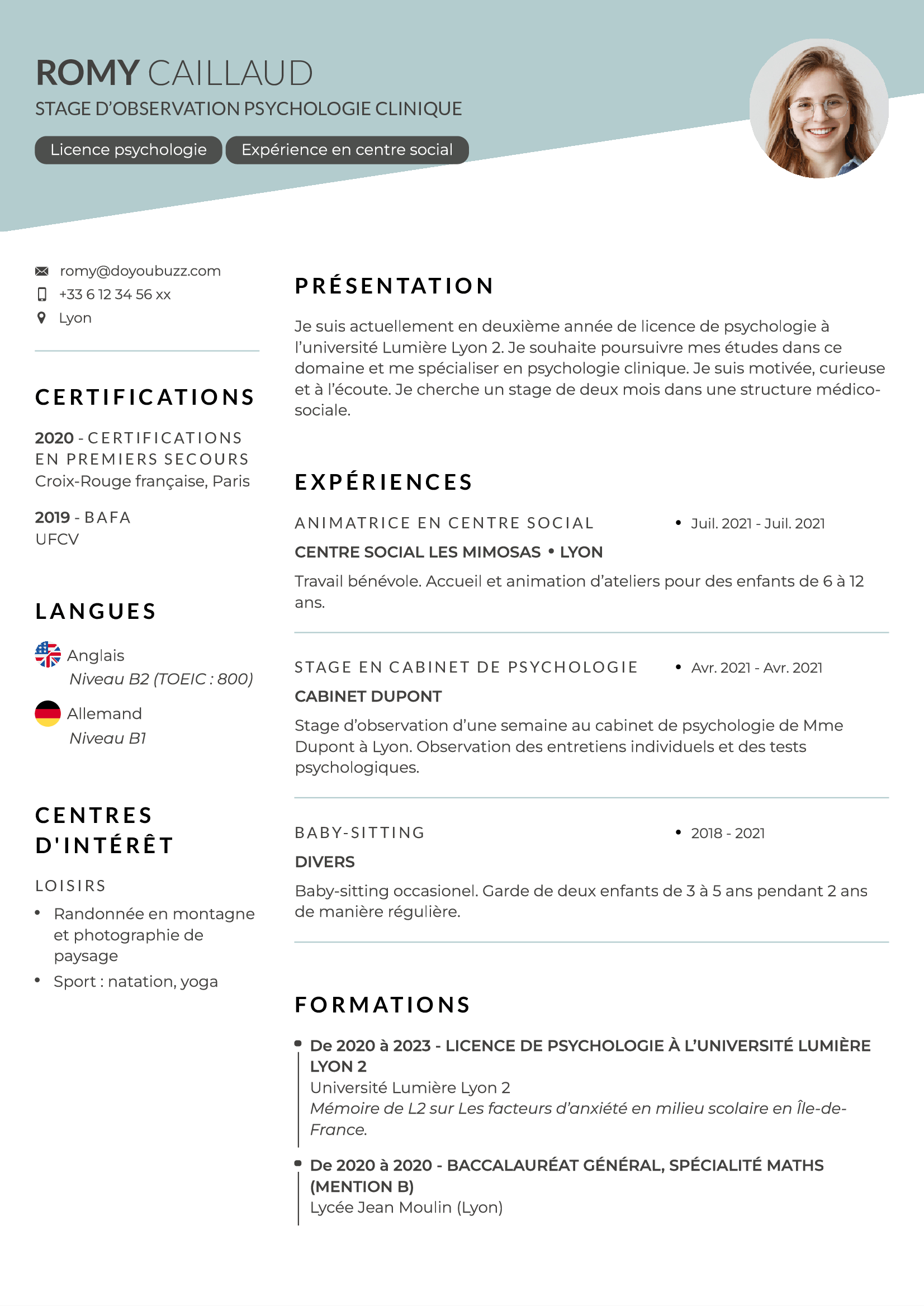 Exemple de CV étudiant, CV stage