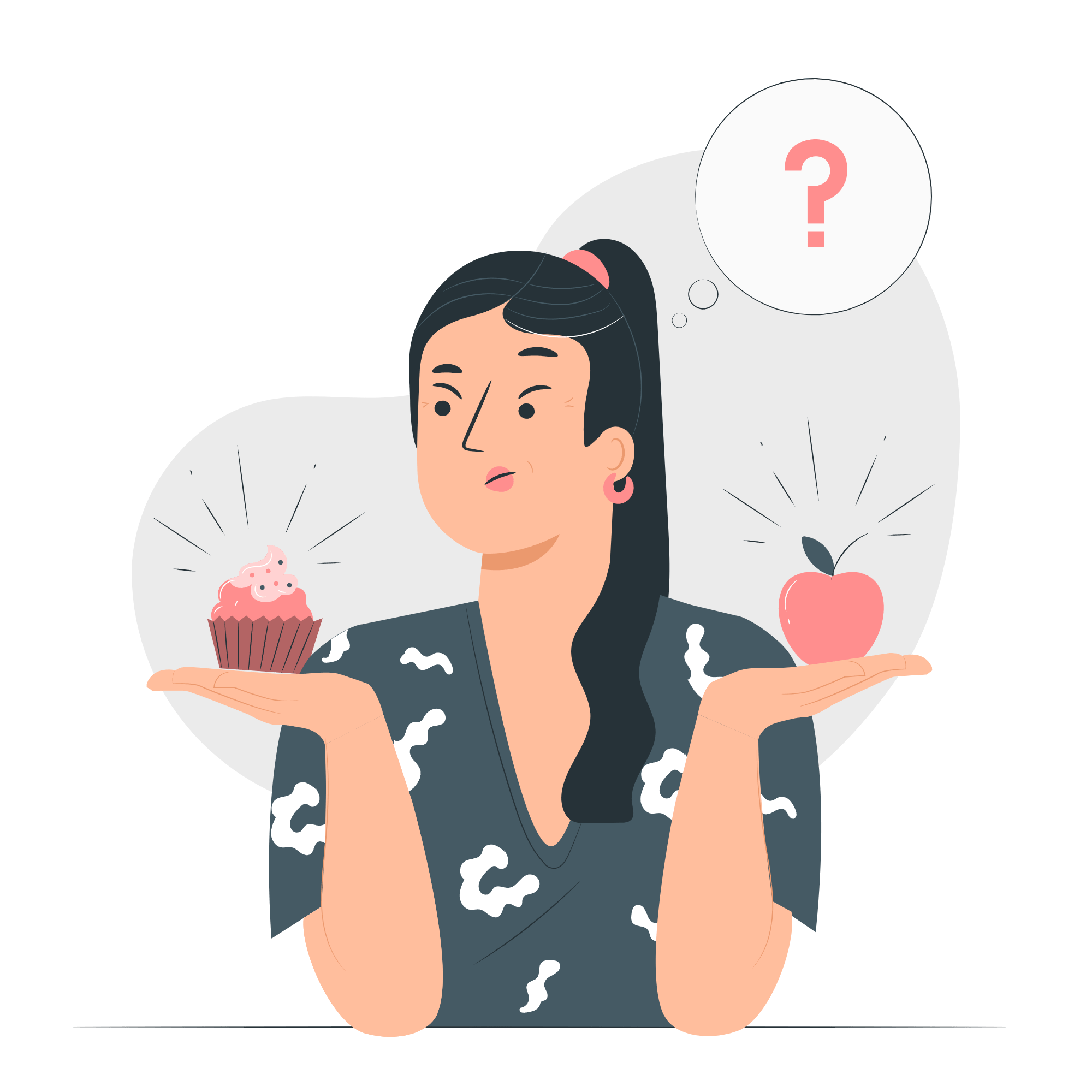 Illustration d'une femme qui hésite entre deux desserts