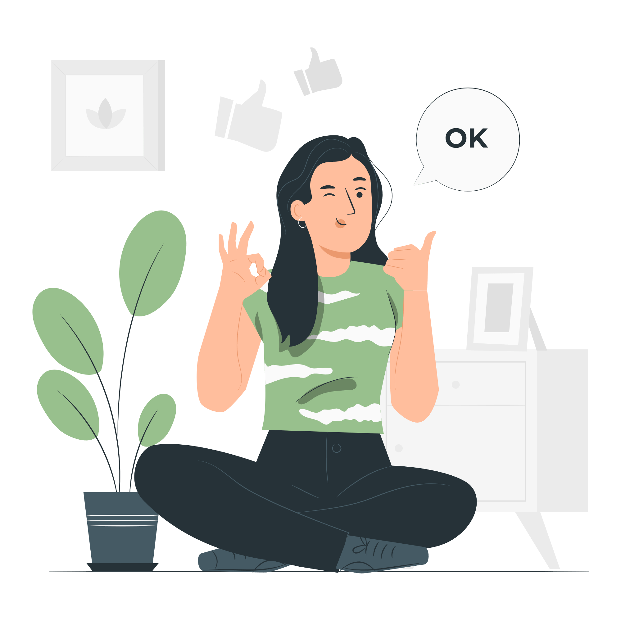 Illustration d'une femme assise faisant le signe ok avec ses mains