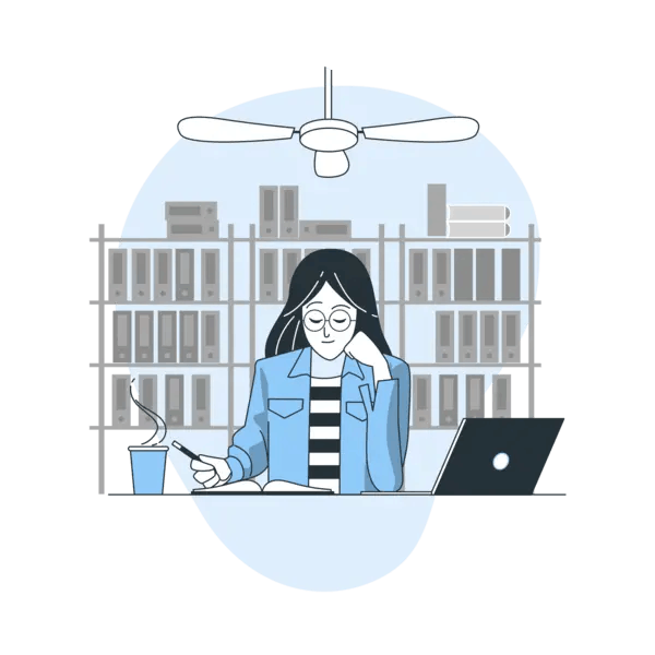une jeune femme étudie dans une bibliothèque